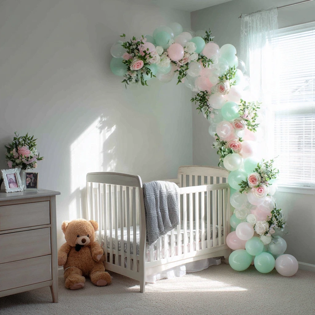 baby in bloom balloon arch