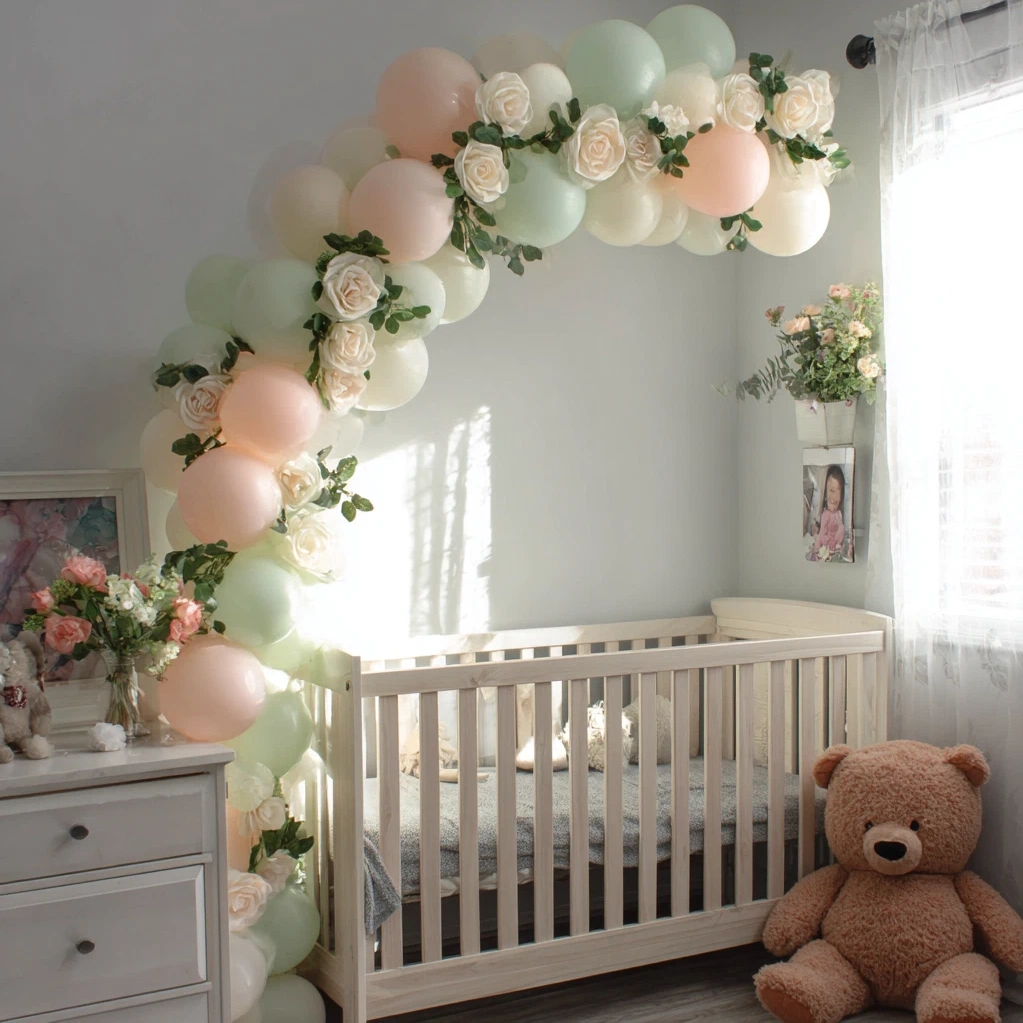 baby in bloom balloon arch