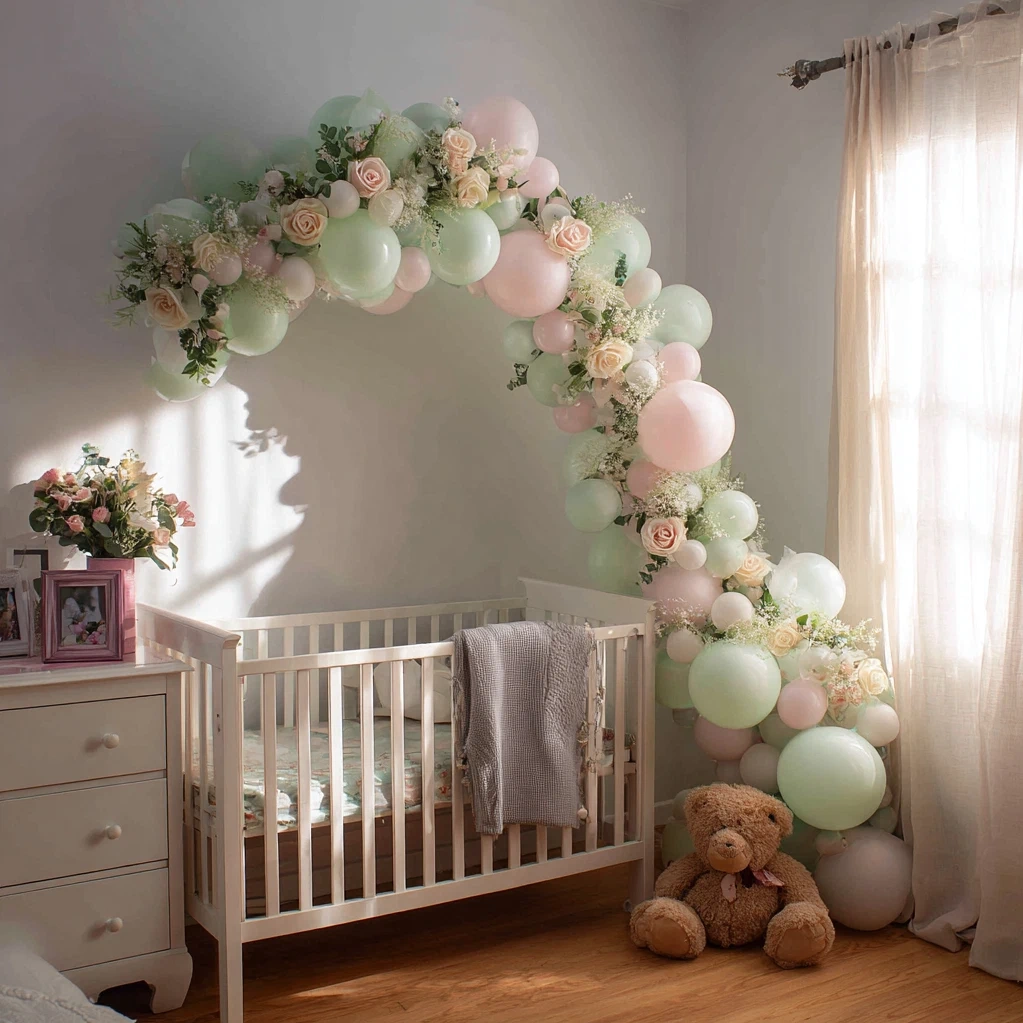 baby in bloom balloon arch