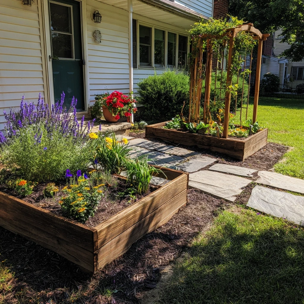 raised flower beds in front of house