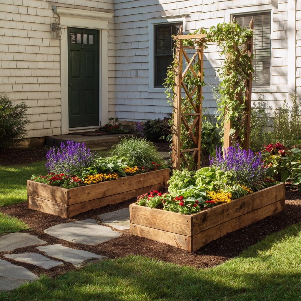 raised flower beds in front of house