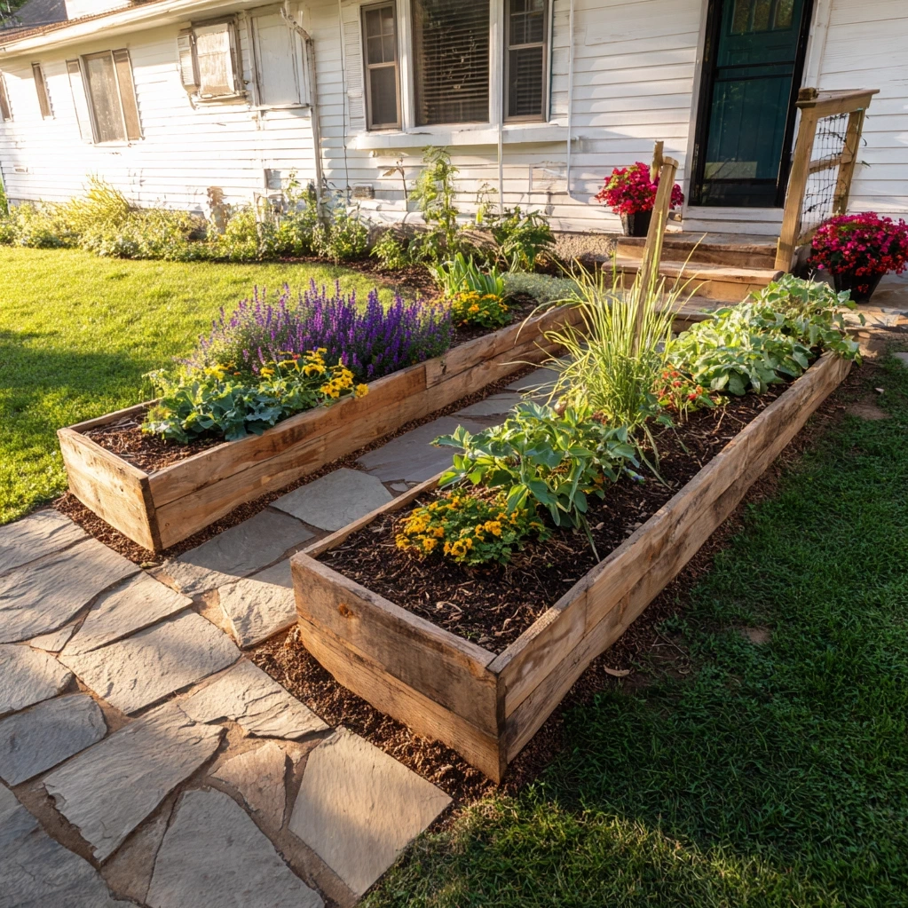 raised flower beds in front of house