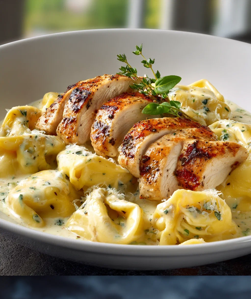 asiago tortelloni alfredo with grilled chicken