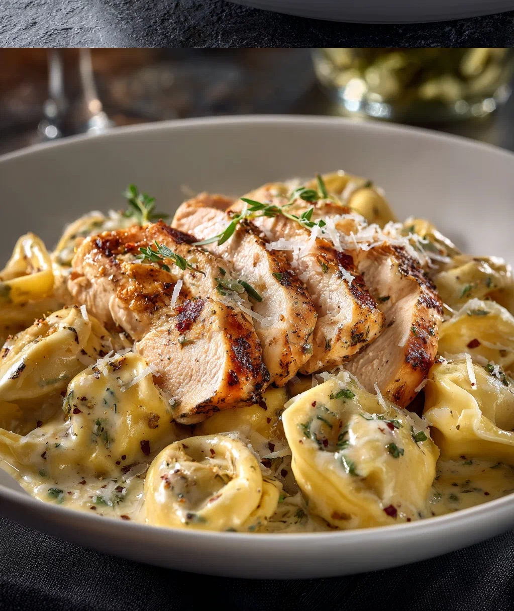 asiago tortelloni alfredo with grilled chicken