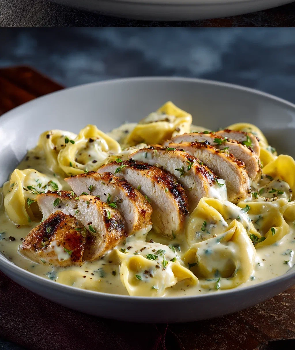 asiago tortelloni alfredo with grilled chicken