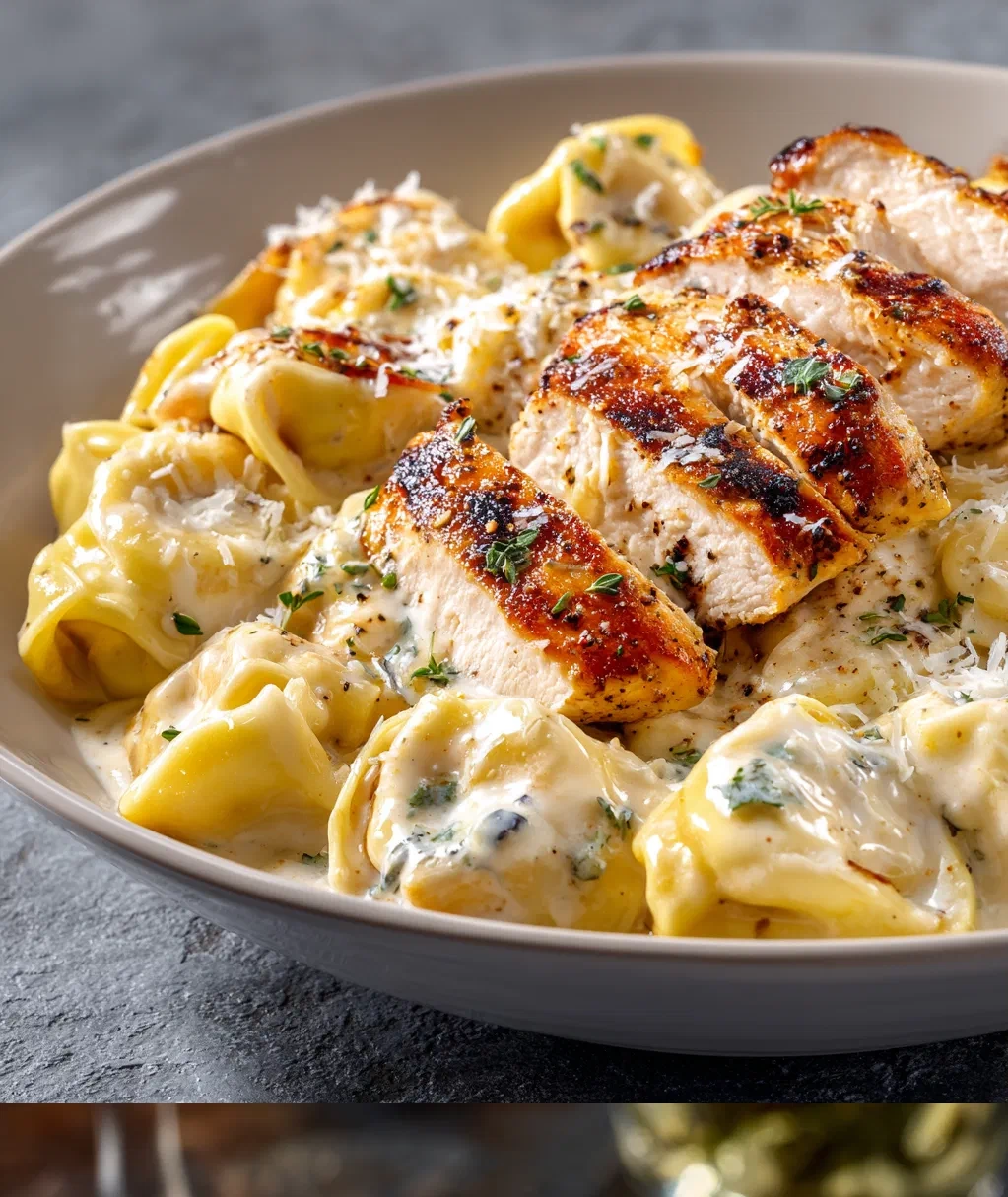 asiago tortelloni alfredo with grilled chicken