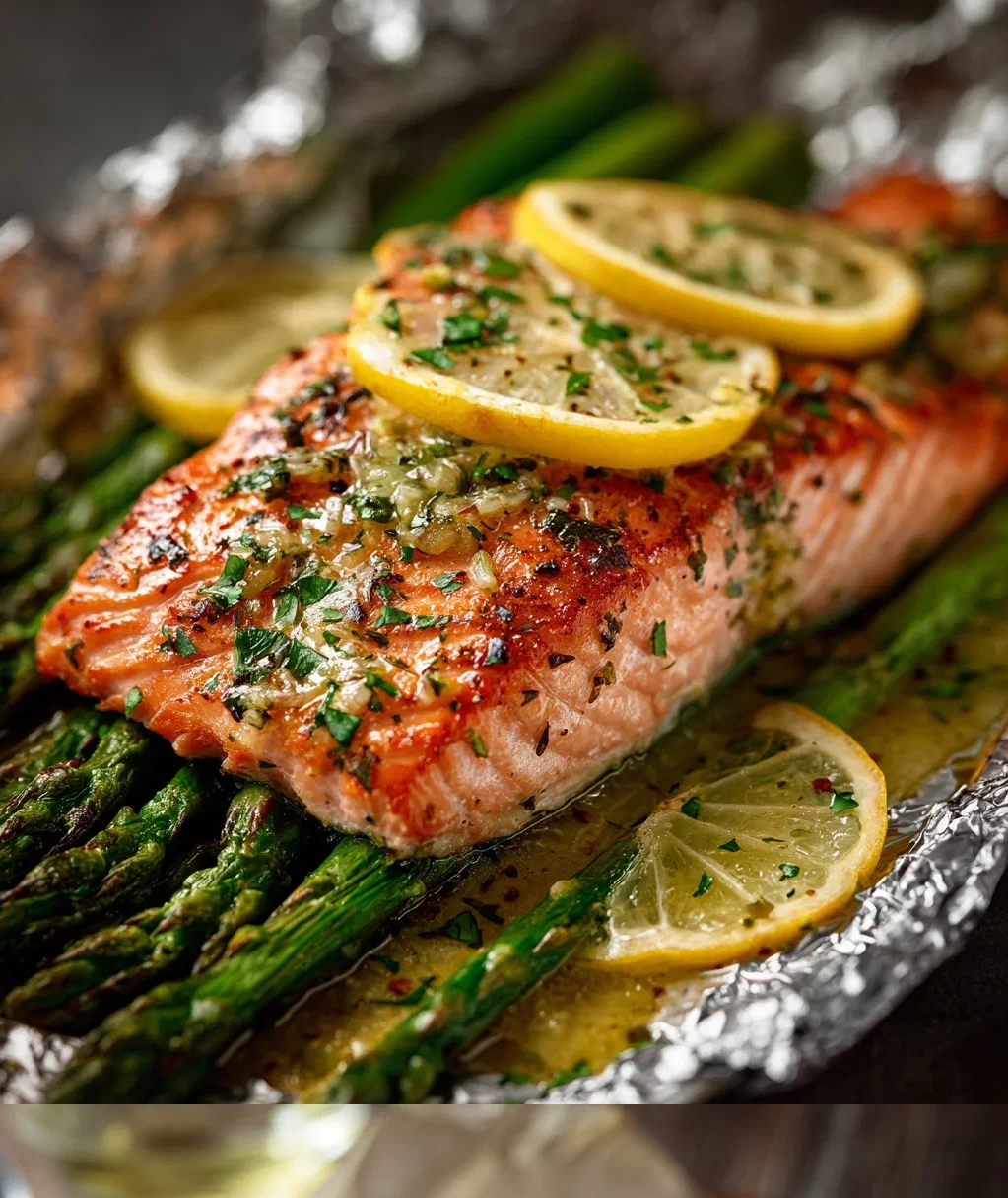baked salmon in foil with asparagus and lemon garlic butter sauce