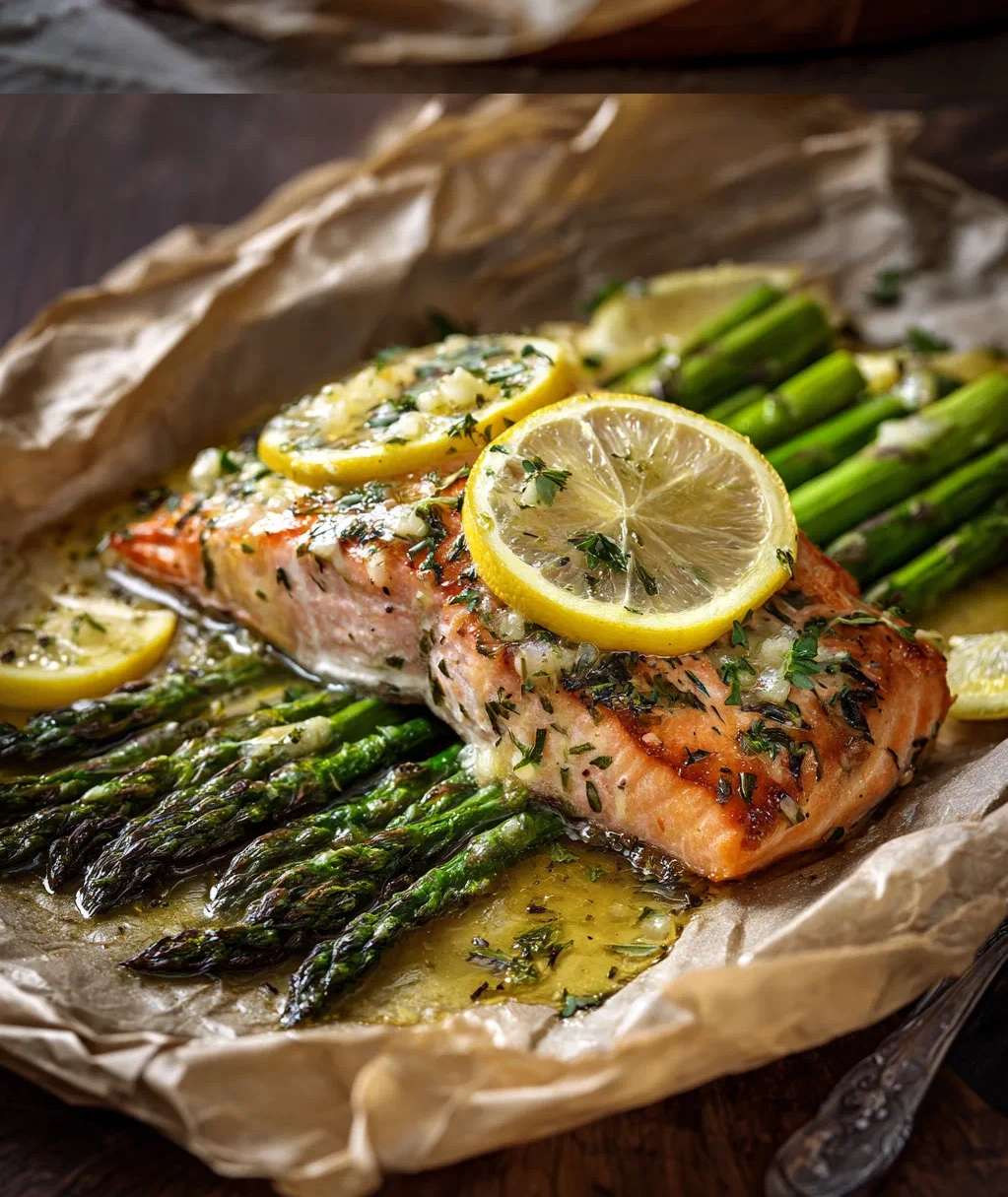 baked salmon in foil with asparagus and lemon garlic butter sauce
