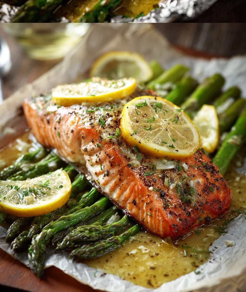 baked salmon in foil with asparagus and lemon garlic butter sauce