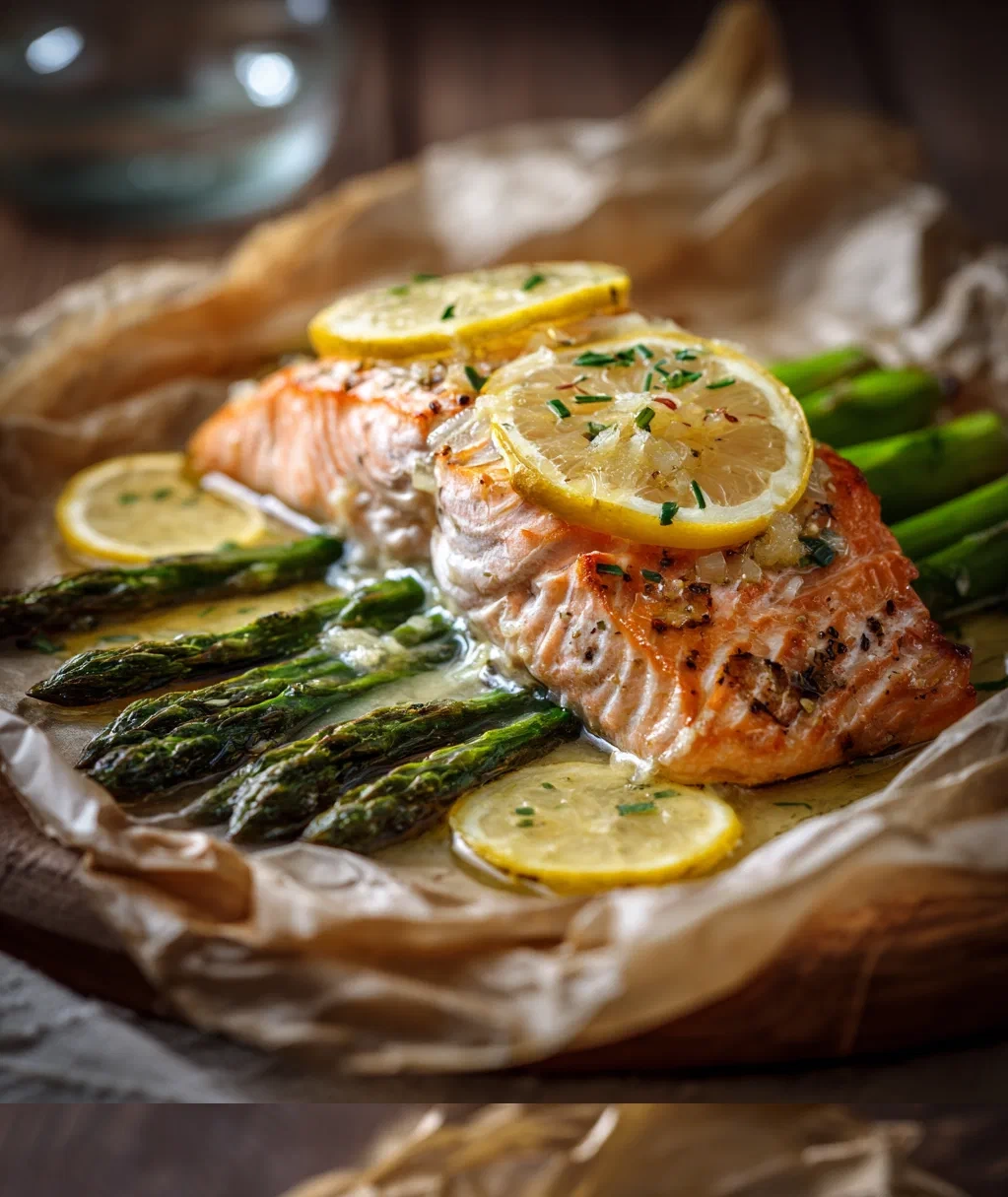 baked salmon in foil with asparagus and lemon garlic butter sauce