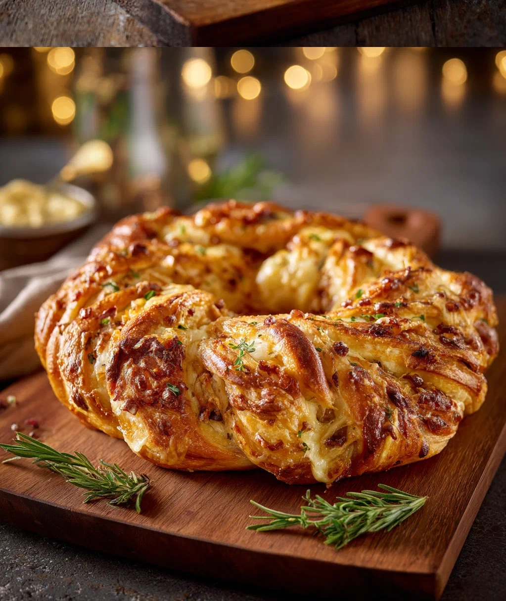 caramelized onion gruyere stuffed bread wreath
