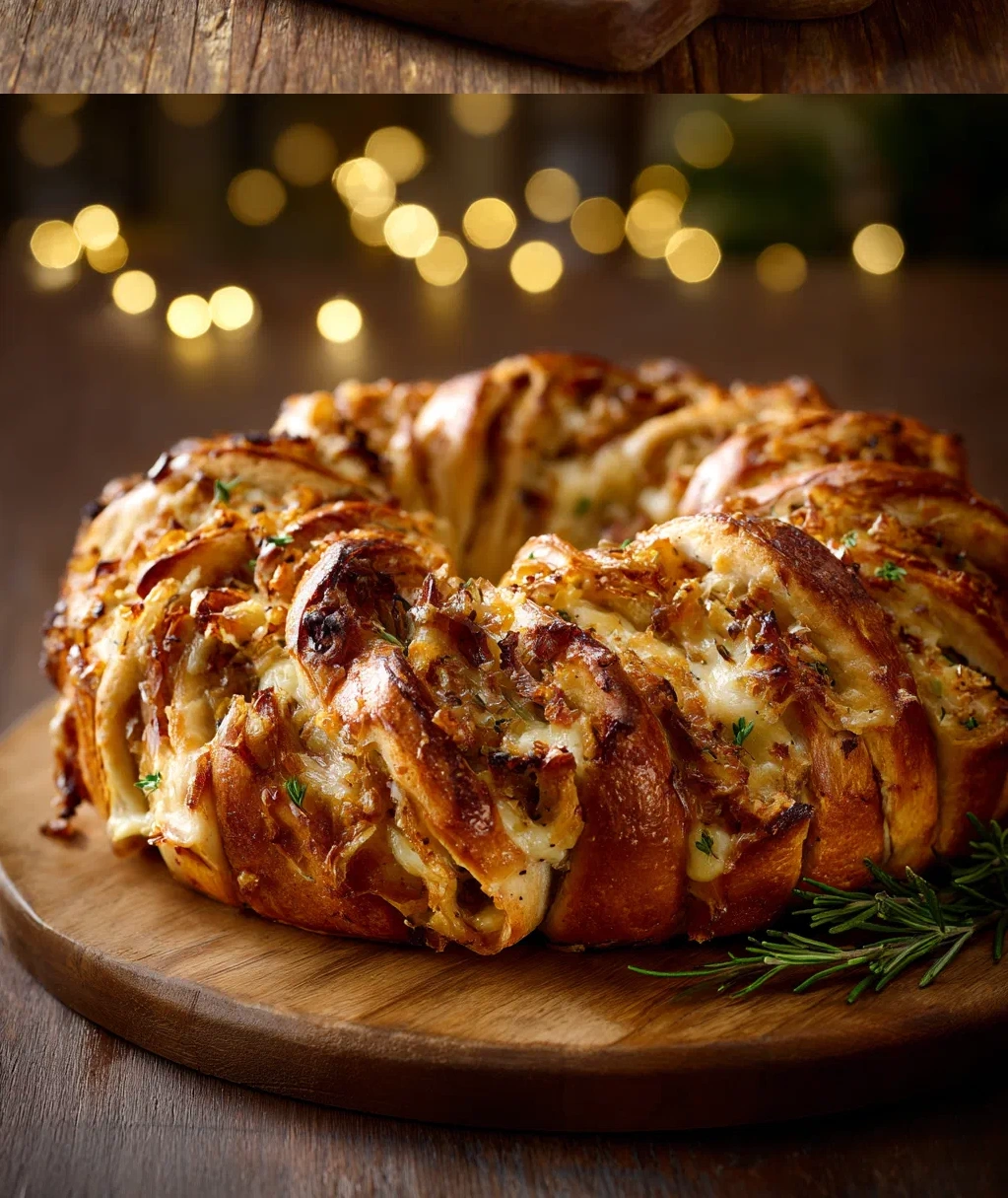 caramelized onion gruyere stuffed bread wreath