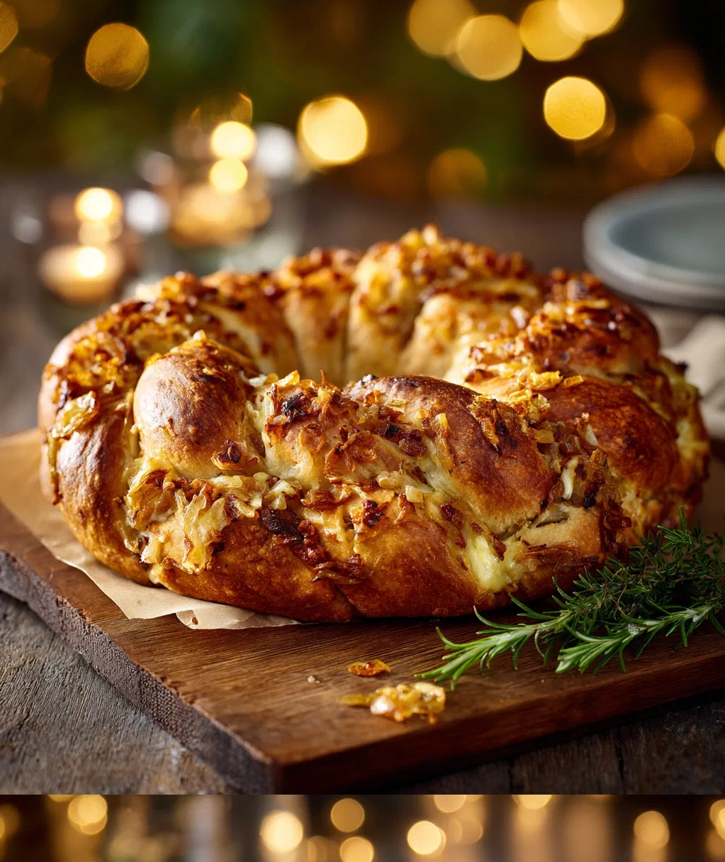 caramelized onion gruyere stuffed bread wreath