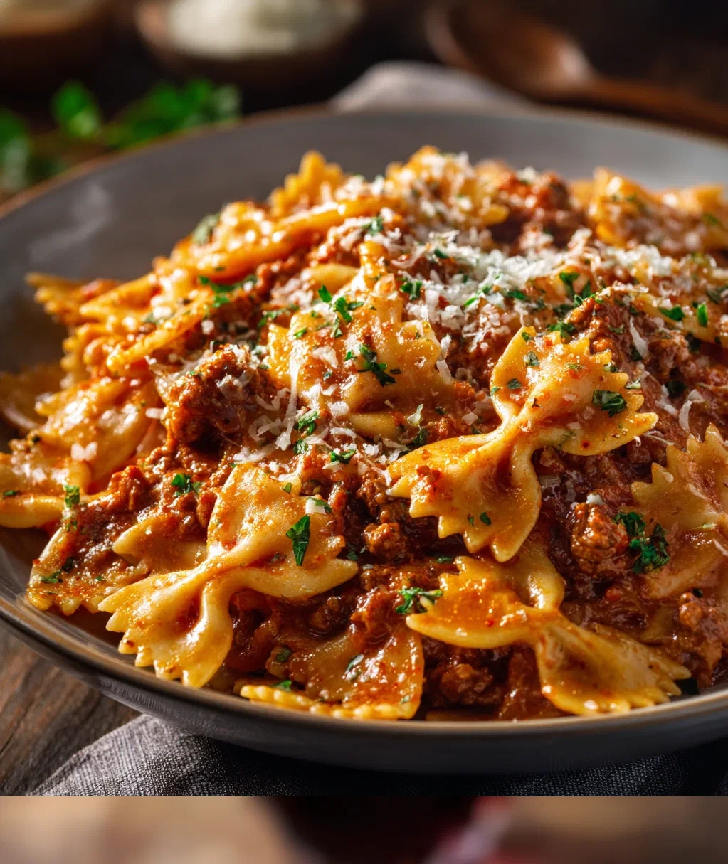 creamy beef and bowtie pasta