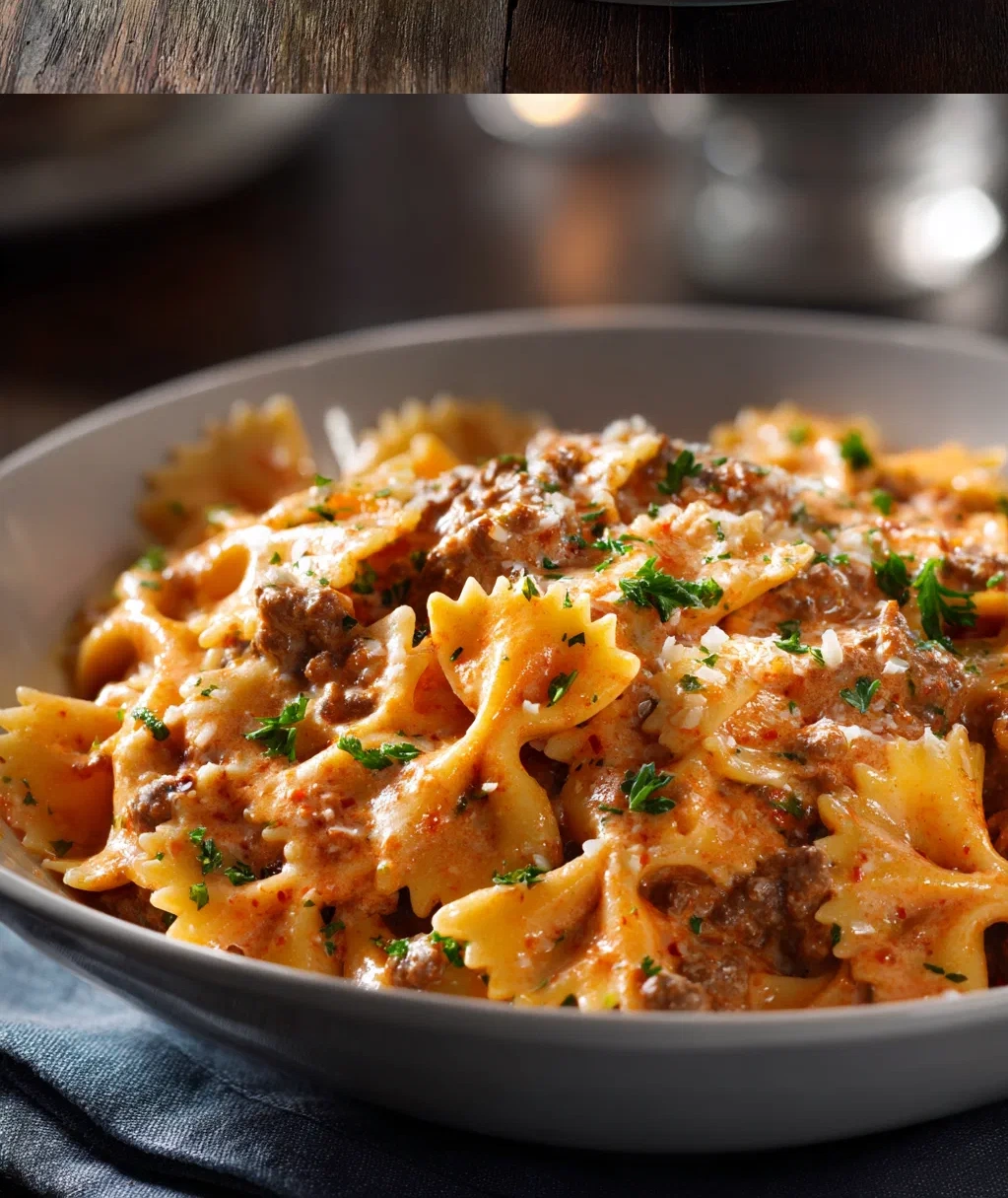 creamy beef and bowtie pasta