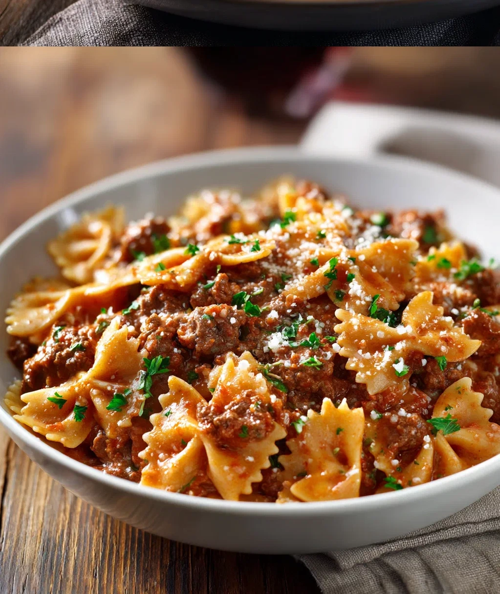 creamy beef and bowtie pasta