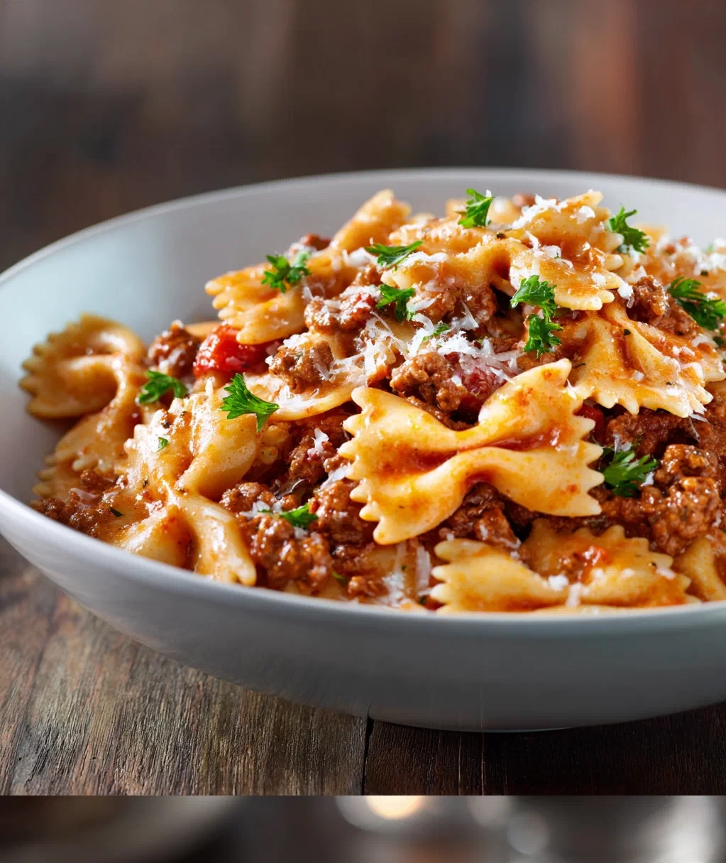 creamy beef and bowtie pasta