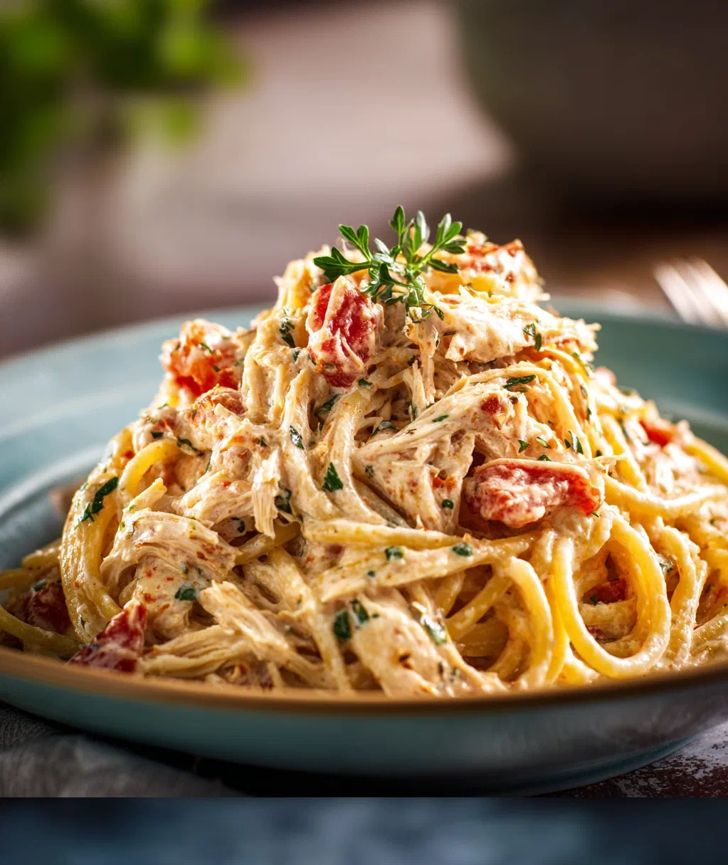 creamy crockpot chicken spaghetti