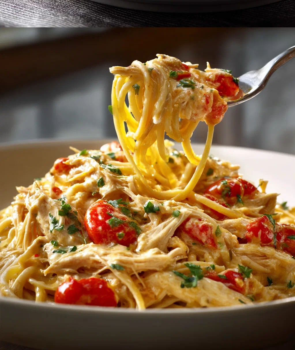 creamy crockpot chicken spaghetti
