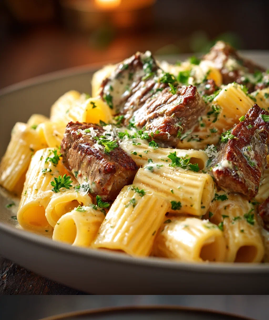 creamy garlic butter steak rigatoni