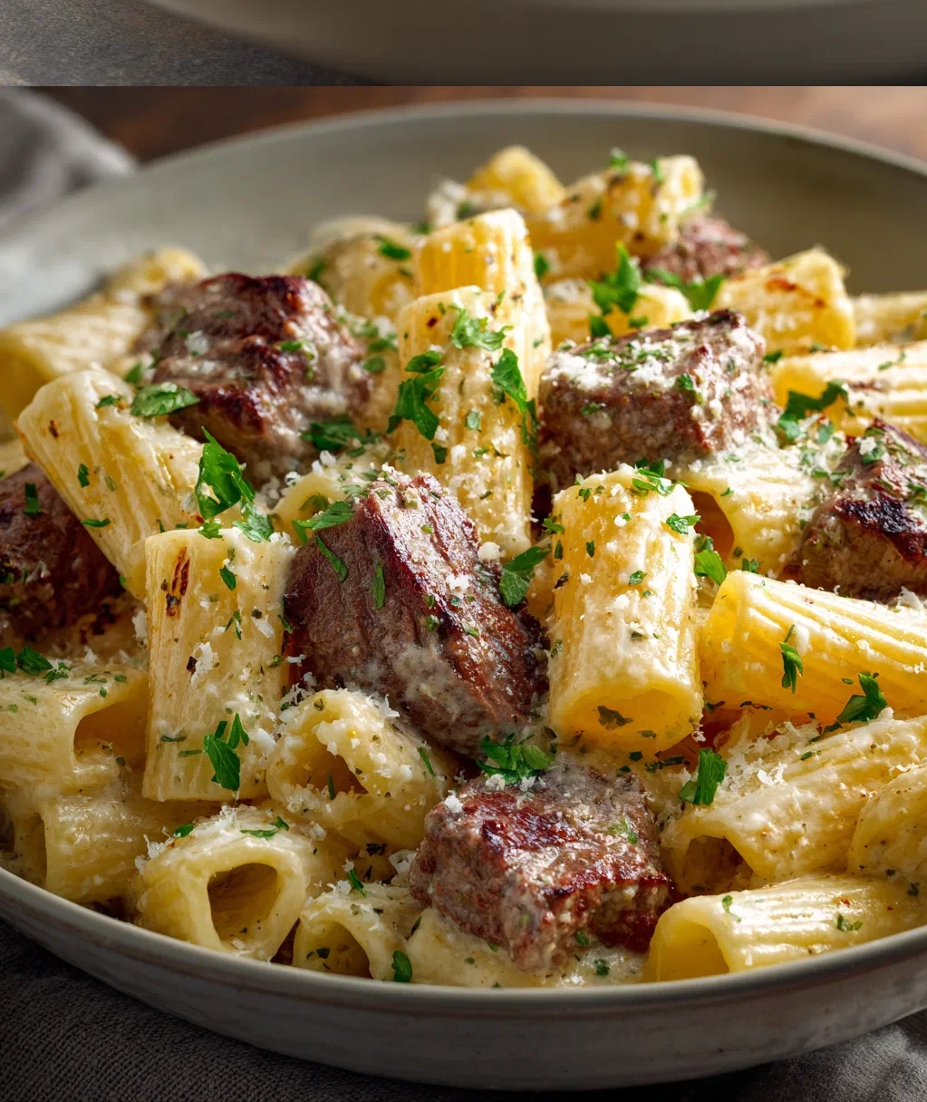 creamy garlic butter steak rigatoni