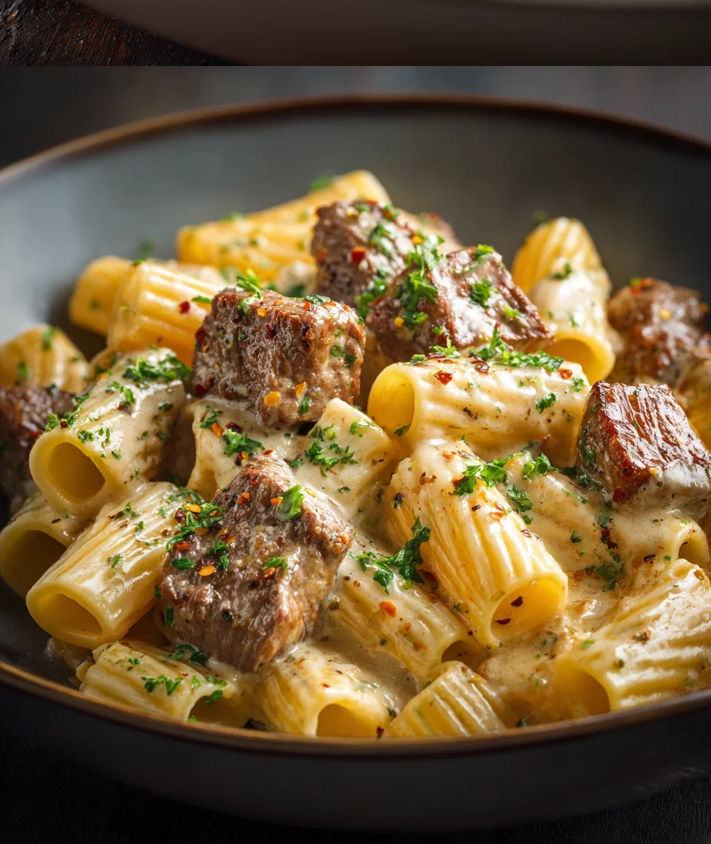 creamy garlic butter steak rigatoni
