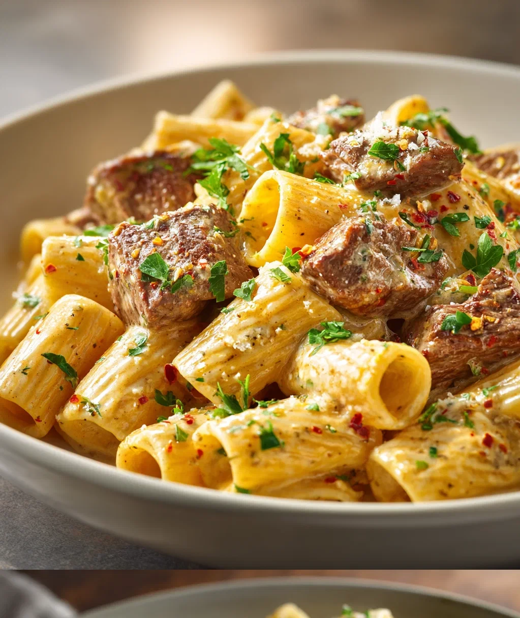 creamy garlic butter steak rigatoni