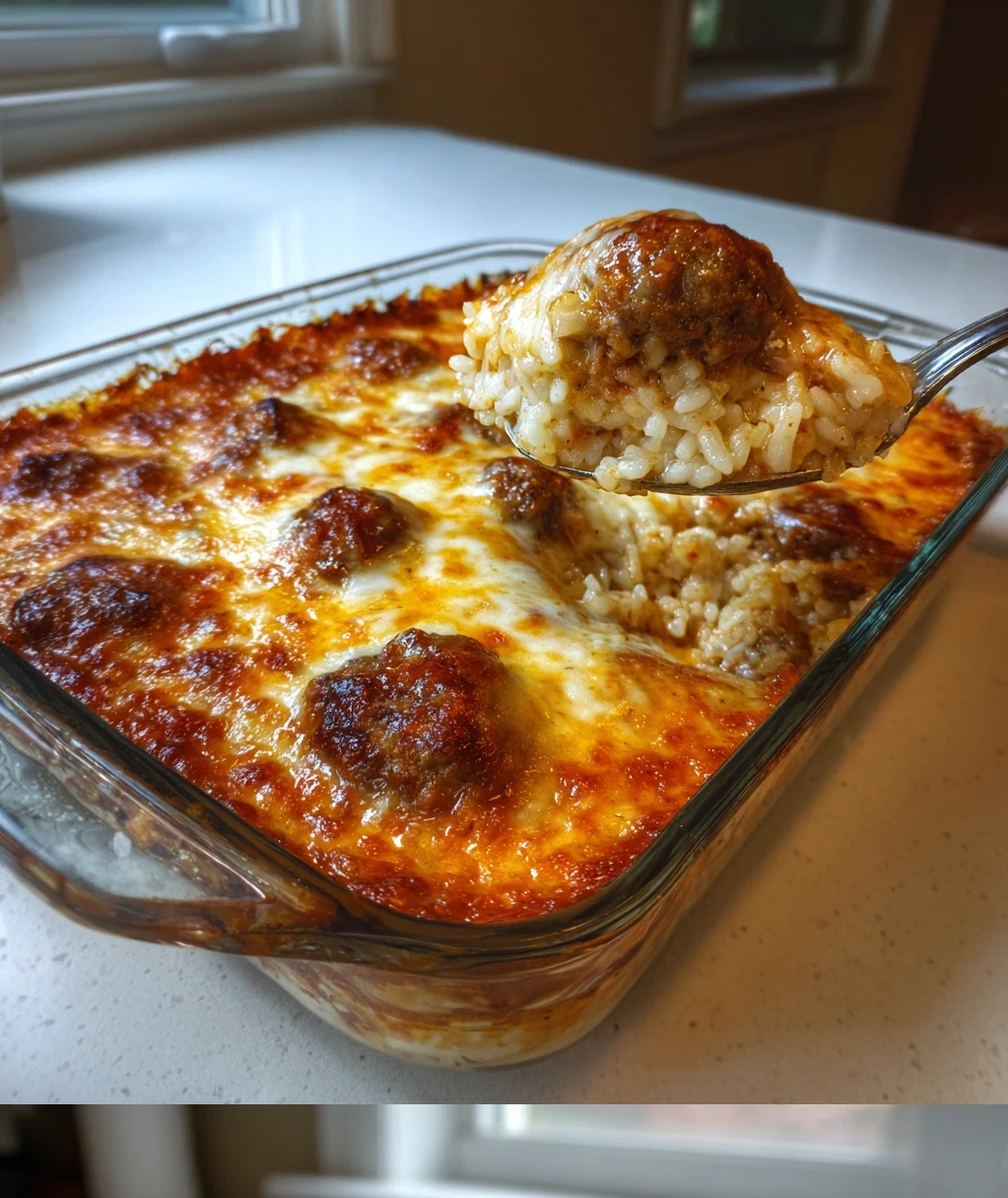 easy cheesy meatball rice dinner casserole