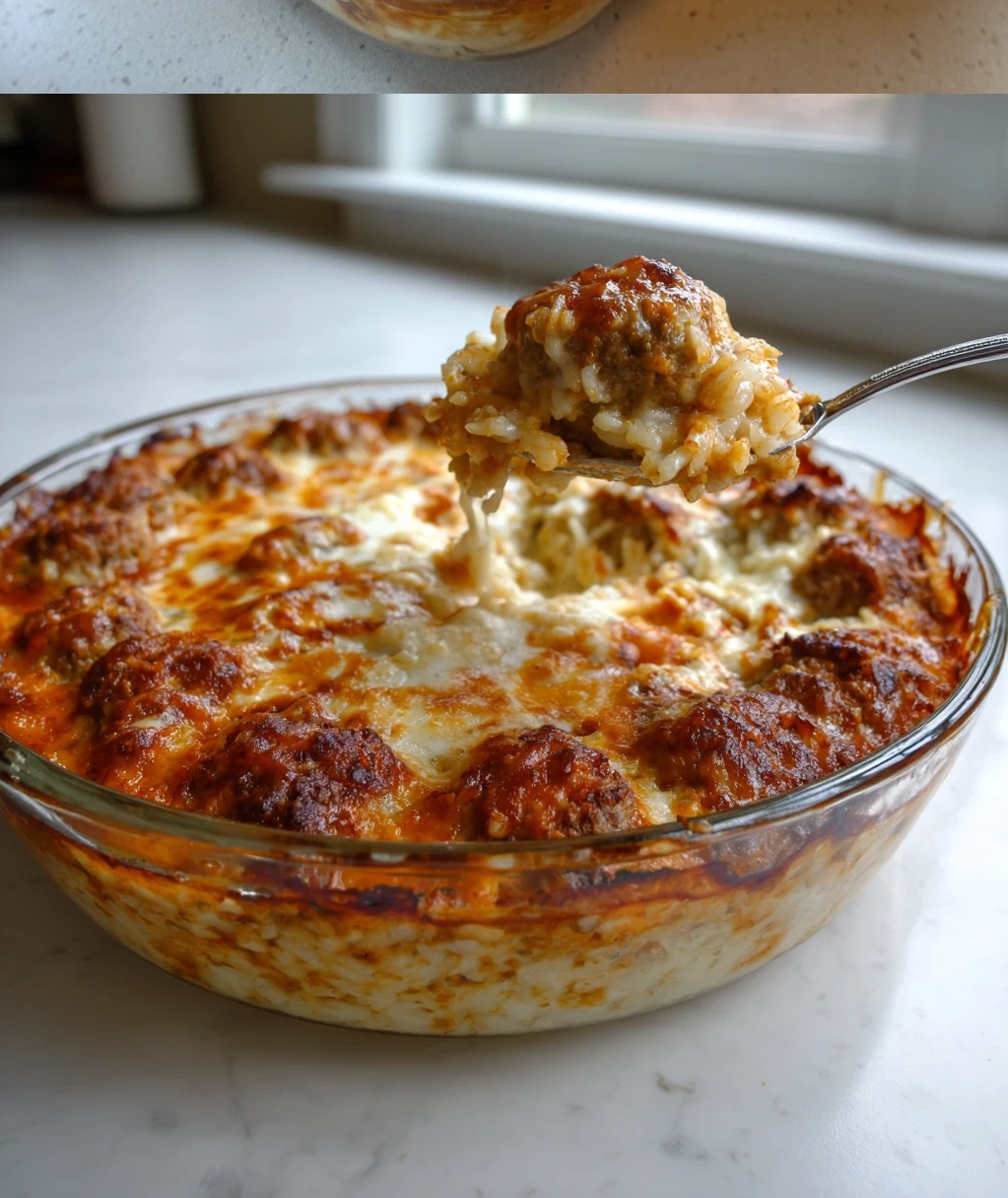 easy cheesy meatball rice dinner casserole