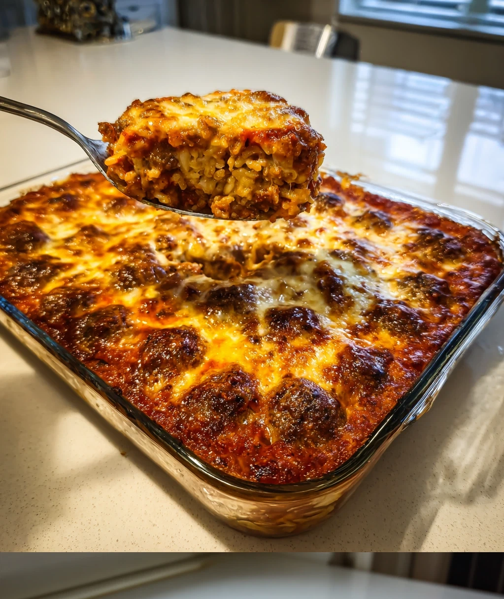 easy cheesy meatball rice dinner casserole