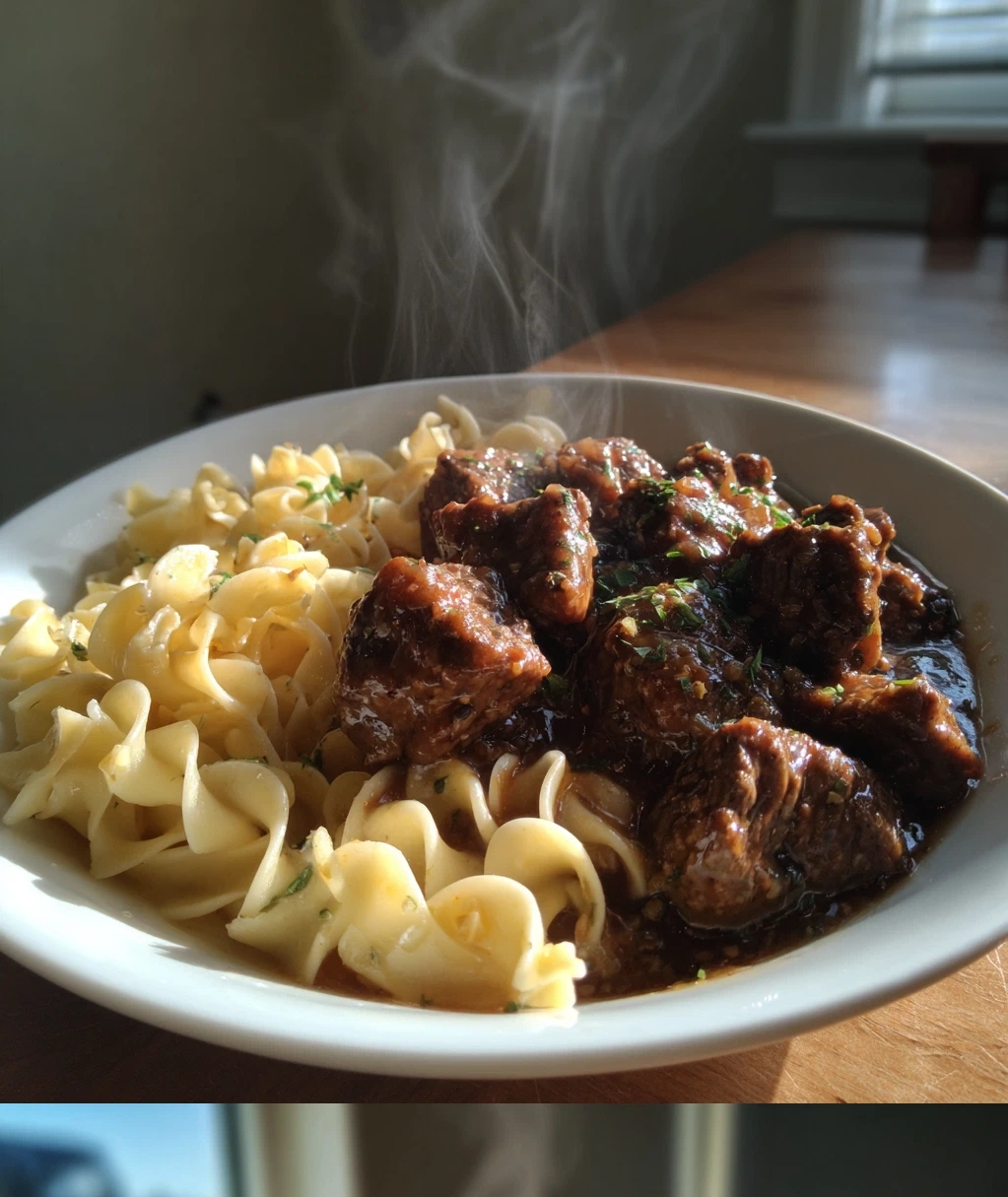 easy crockpot beef tips noodles