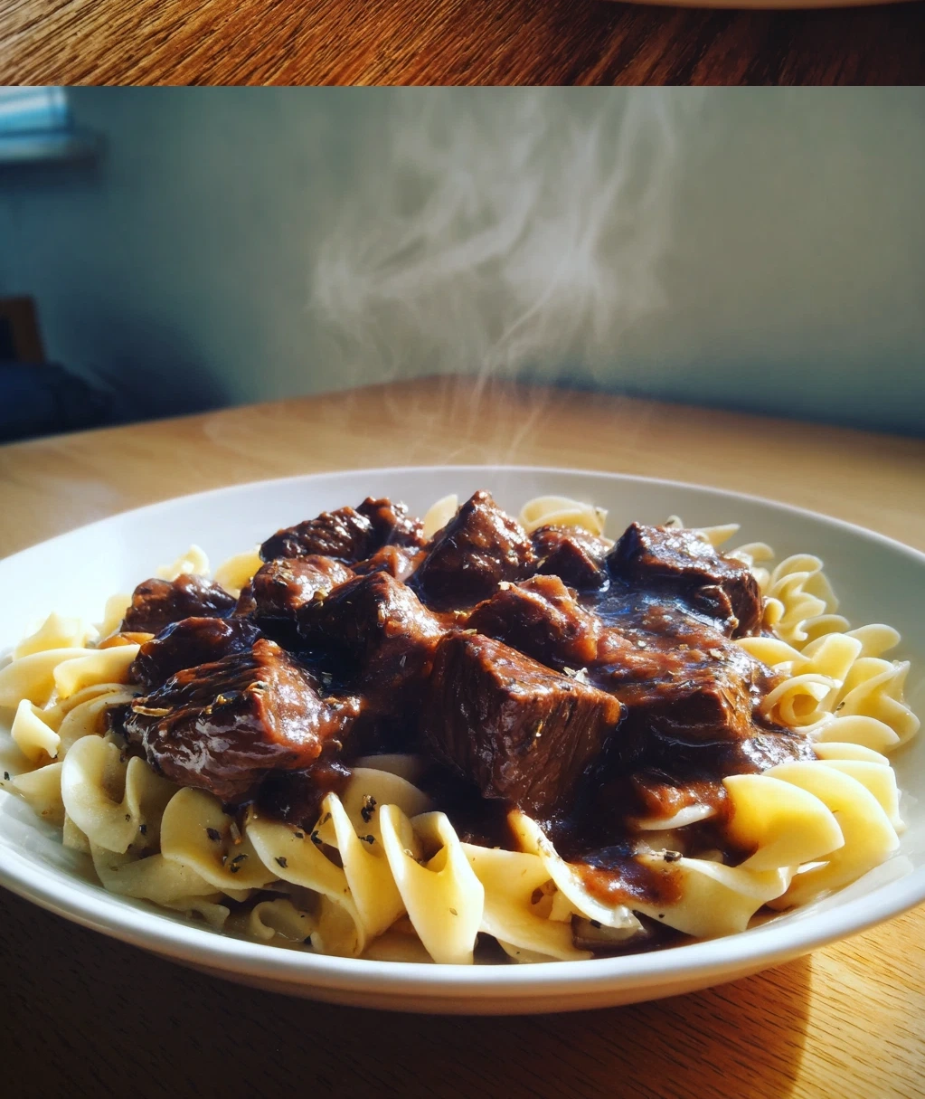 easy crockpot beef tips noodles