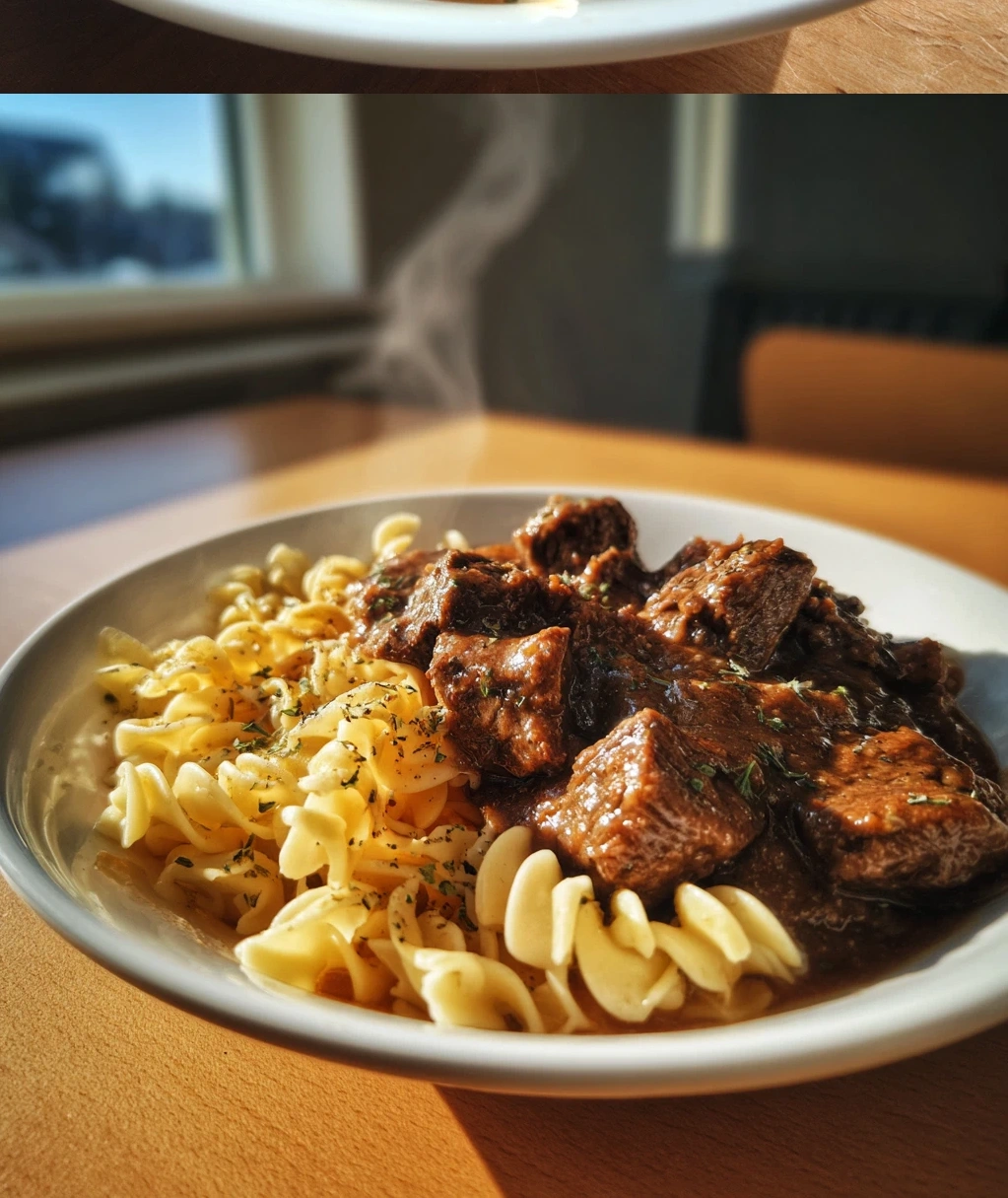 easy crockpot beef tips noodles