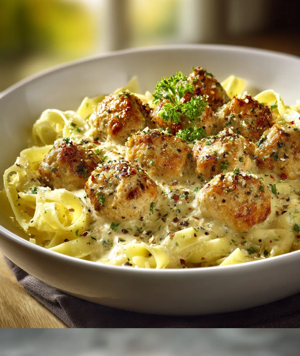 garlic butter chicken balls with creamy parmesan pasta