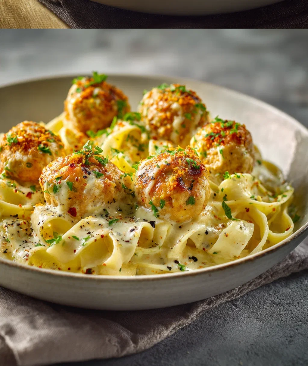garlic butter chicken balls with creamy parmesan pasta