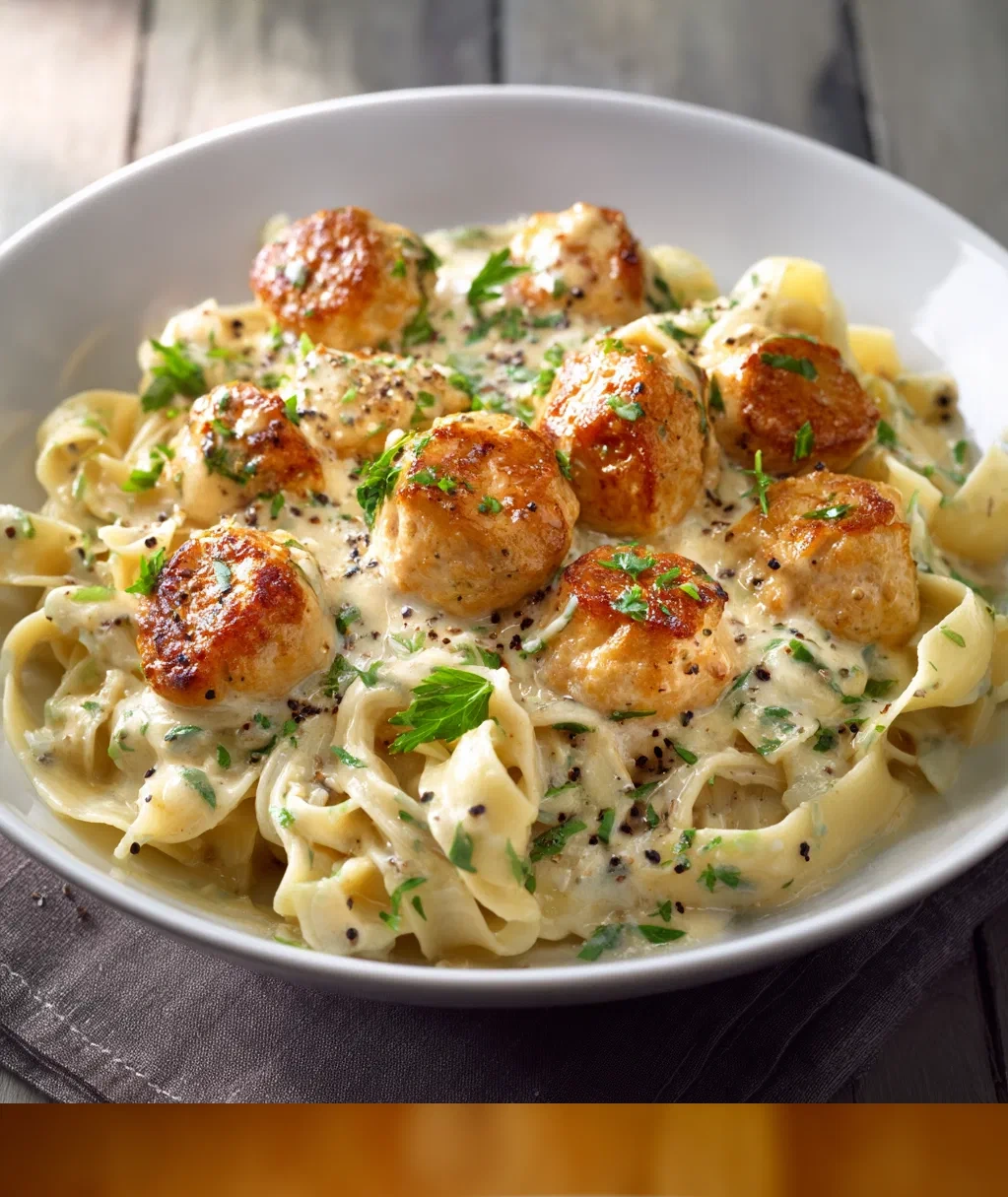 garlic butter chicken balls with creamy parmesan pasta