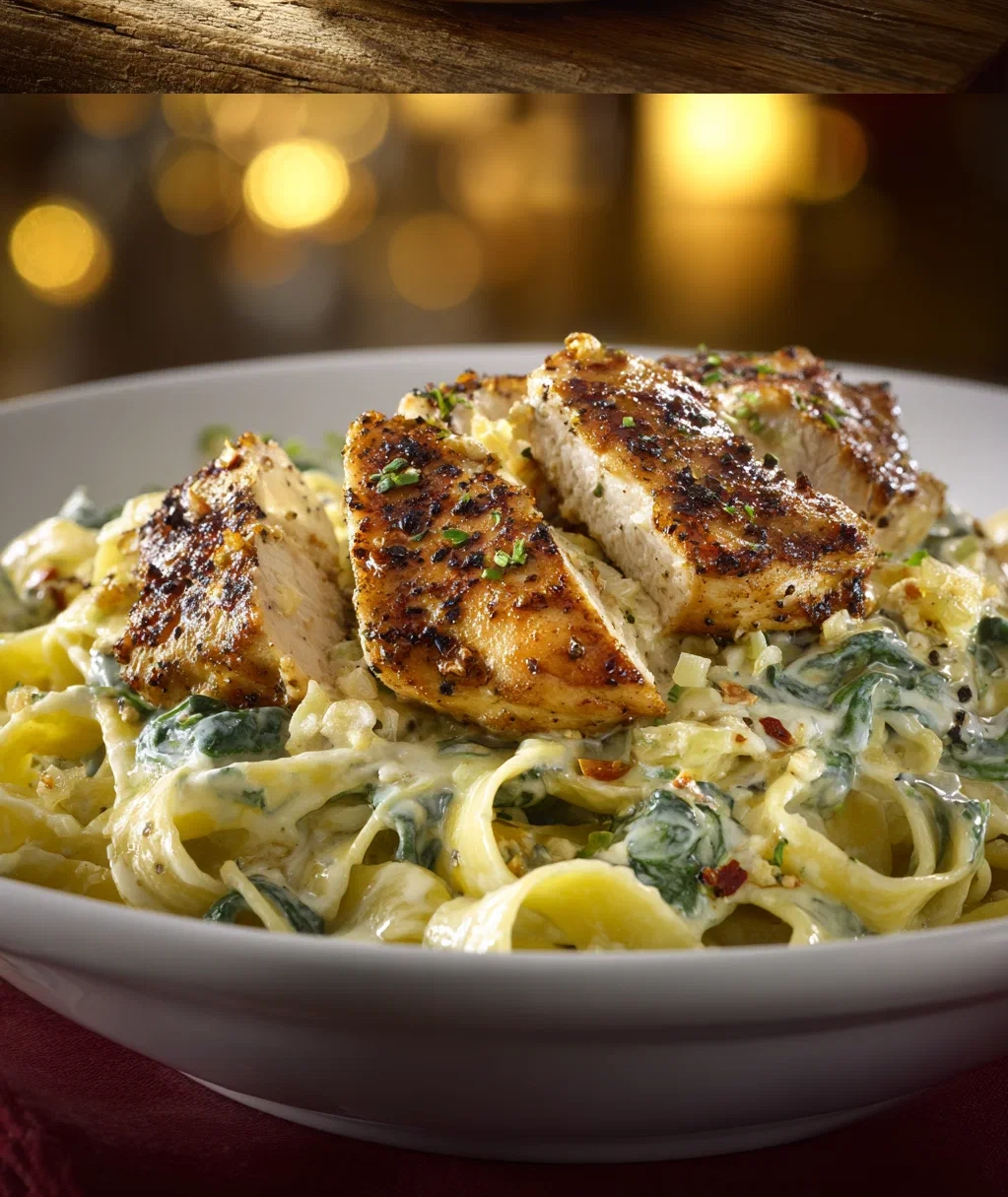 garlic chicken bites and creamy cajun spinach artichoke alfredo pasta