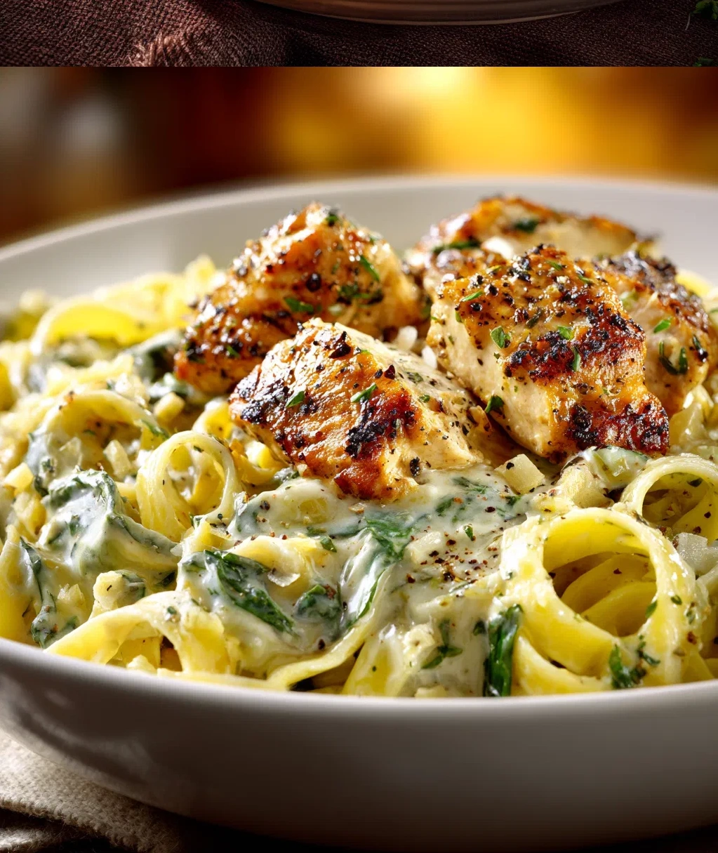 garlic chicken bites and creamy cajun spinach artichoke alfredo pasta