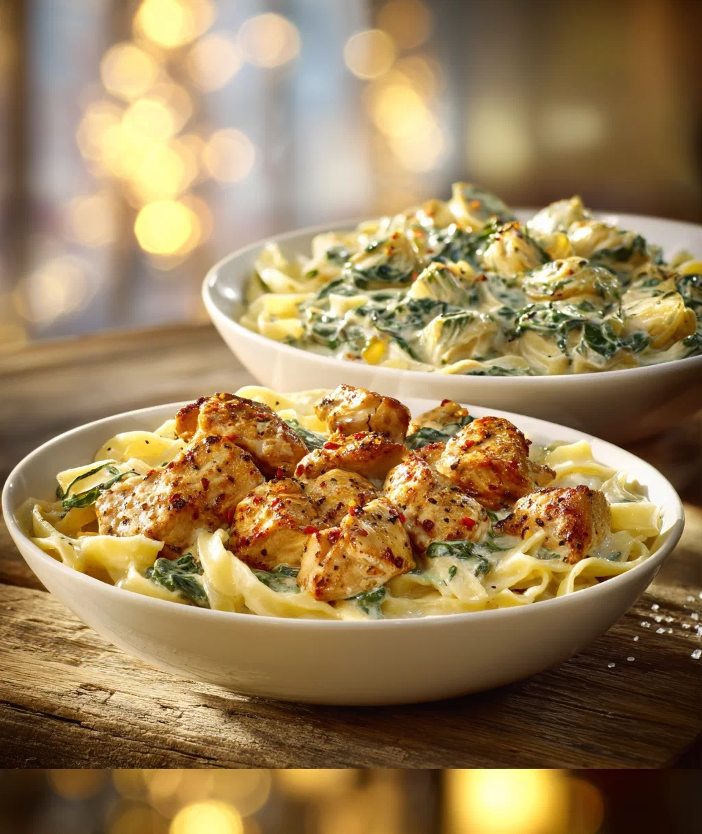 garlic chicken bites and creamy cajun spinach artichoke alfredo pasta
