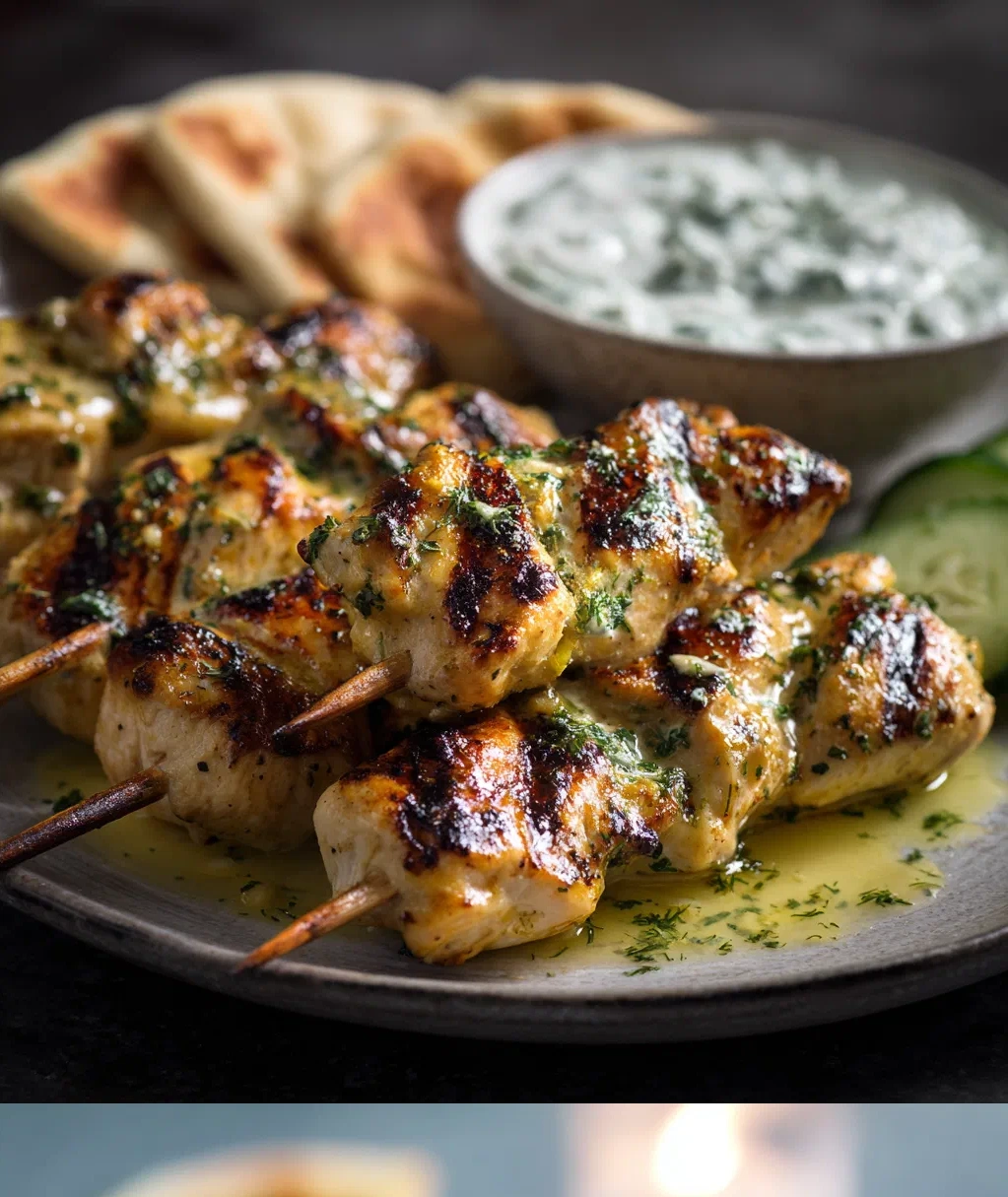 greek lemon chicken skewers with tzatziki sauce