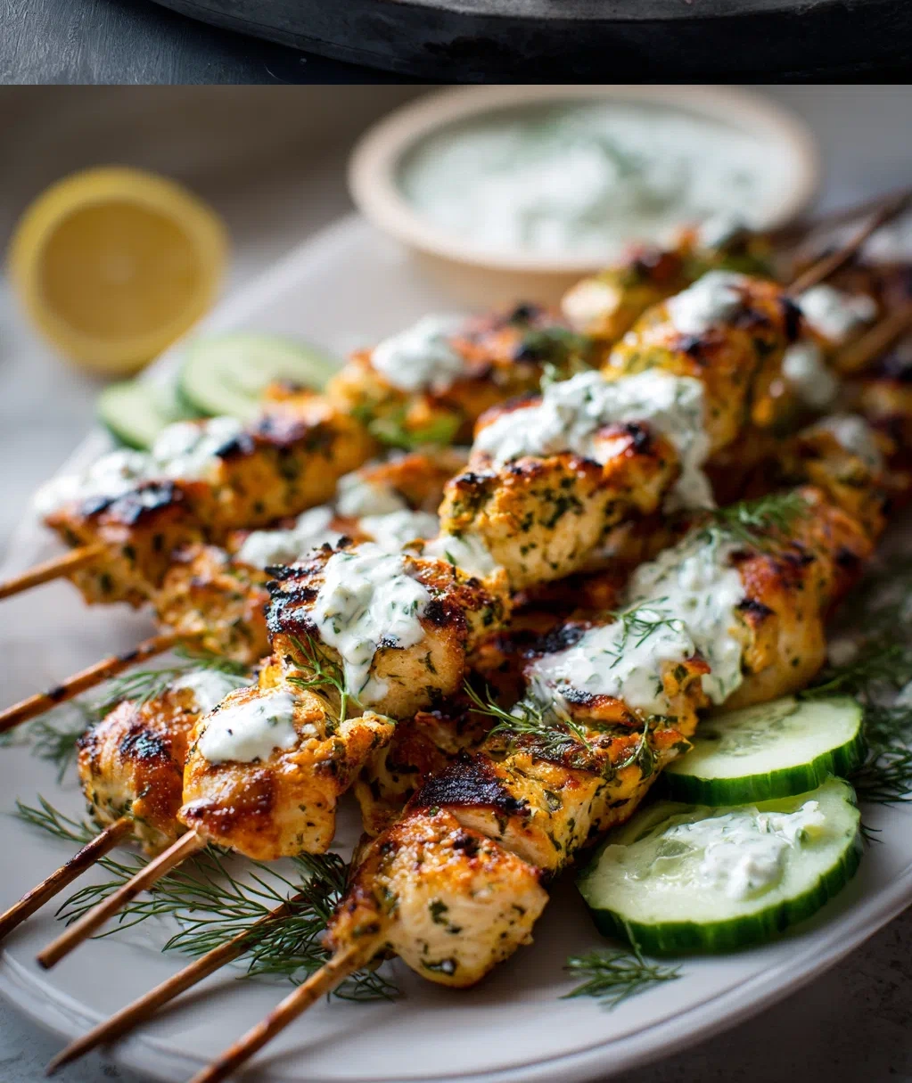 greek lemon chicken skewers with tzatziki sauce