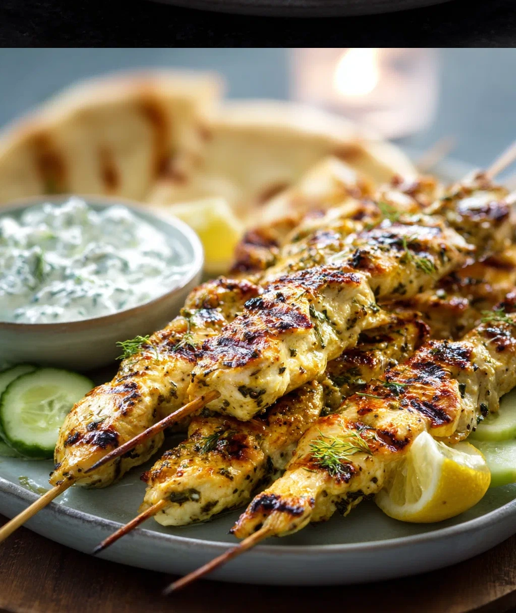 greek lemon chicken skewers with tzatziki sauce