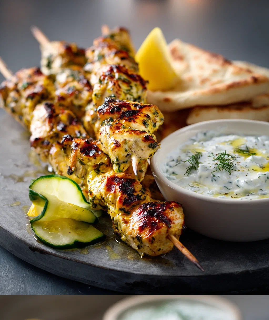 greek lemon chicken skewers with tzatziki sauce