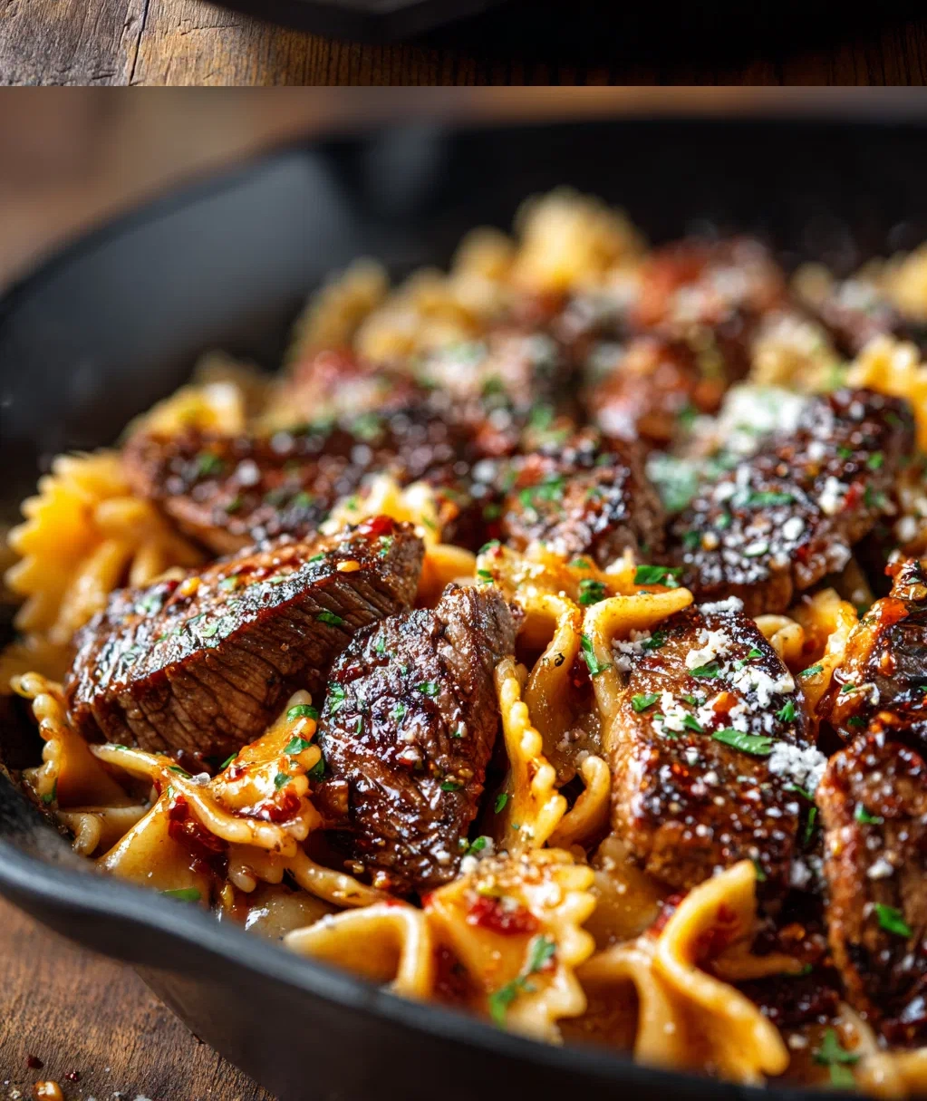 one pan spicy honey garlic steak pasta