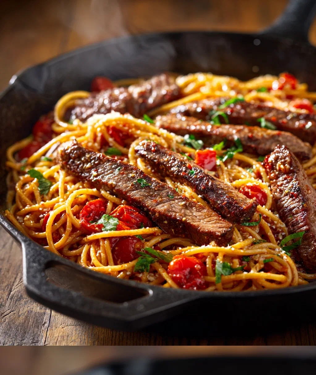 one pan spicy honey garlic steak pasta